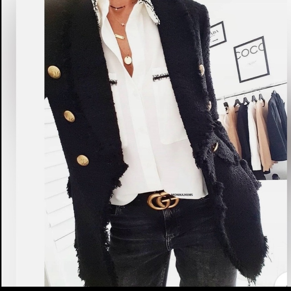 Zara Black Tweed Blazer with Gold Accents